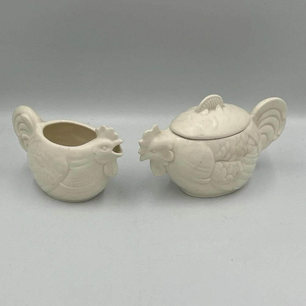 Vintage Czechoslovakia Ceramic Rooster Creamer Sugar Set Cottage Country Core